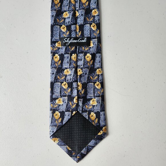 Stefano Conti 100% Italian Silk Tie – Floral Check Blue Yellow – Made in Canada - Picture 2 of 5